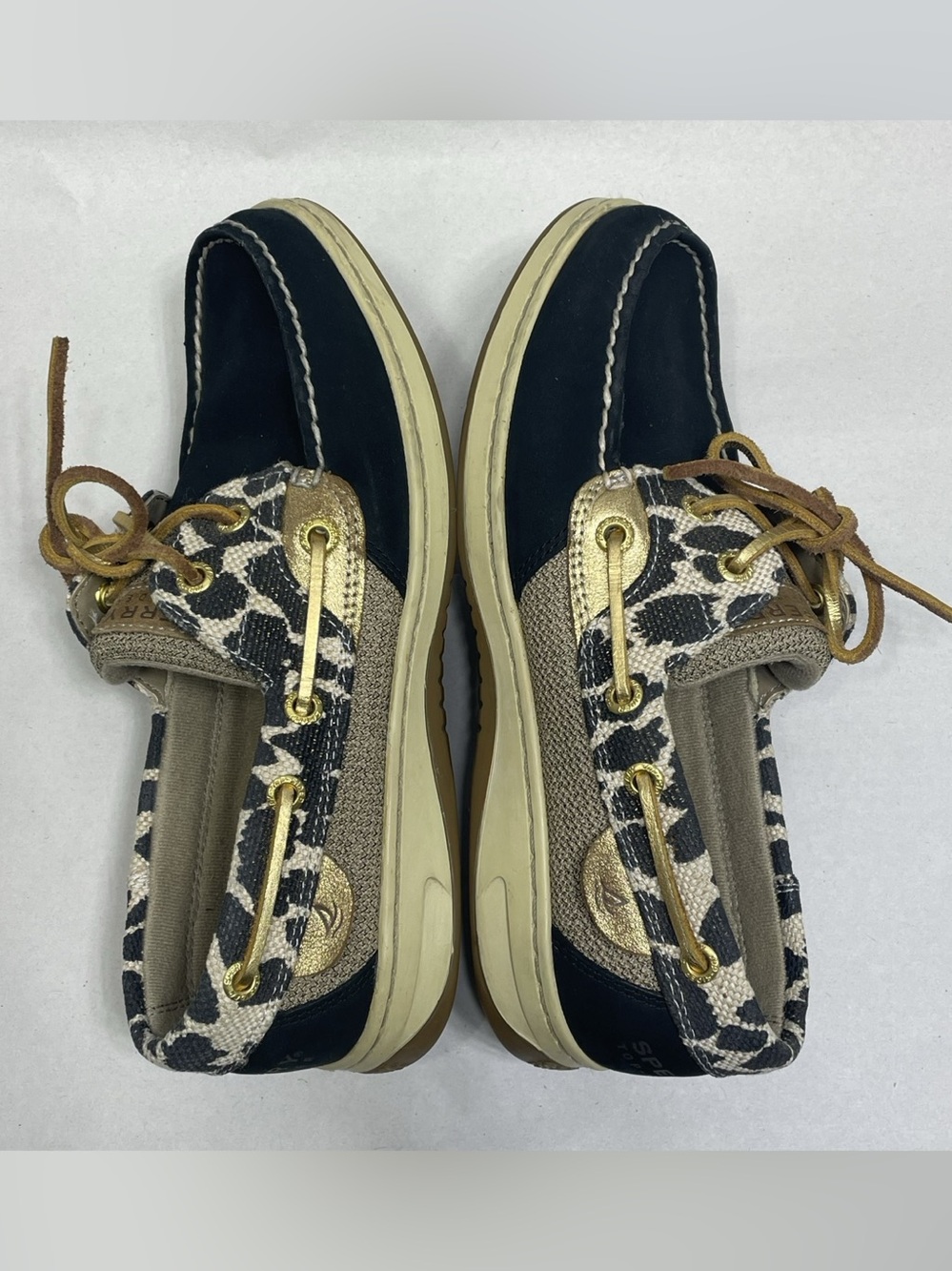 Sperry Top-Sider Boat Shoes Leopard Black Gold 7M Shimmer Preppy